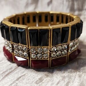 J. Crew Baguette Acrylic Black Merlot Rhinestone Stretch Bracelet Oxidized Brass